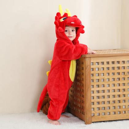 Imagem de Macacão de Frio Inverno Pijama Infantil de Bebê Urso Ursinho Dragão Vermelho