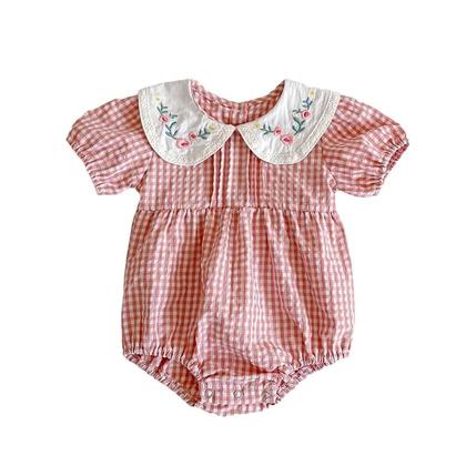 Imagem de Macacão De Verão Para Meninas Bebês Em Algodão Com Mangas Curtas E Bordado Em Xadrez