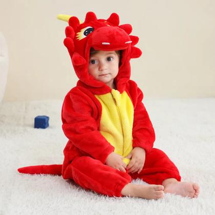 Imagem de Macacão Fantasia Infantil Iverno Frio Bebê Ursinho Dragão Dinossauro Vermelho
