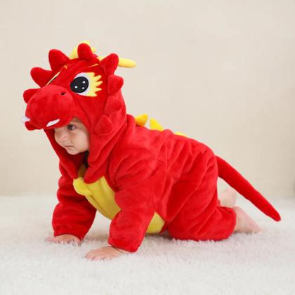 Imagem de Macacão Fantasia Infantil Iverno Frio Bebê Ursinho Dragão Dinossauro Vermelho