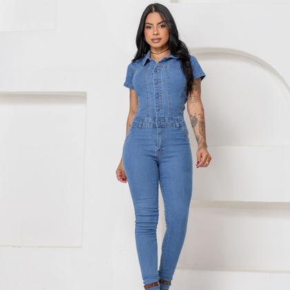 Imagem de Macacão Feminino Casual Skinny Lycra Manga Curta Jeans Botões Encapados