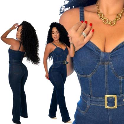 Imagem de Macacão feminino jeans laycra com cinto