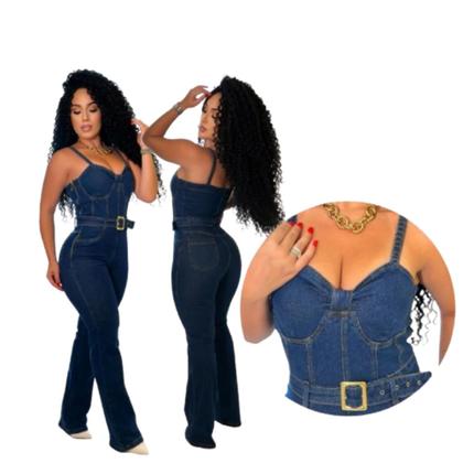 Imagem de Macacão feminino jeans laycra com cinto