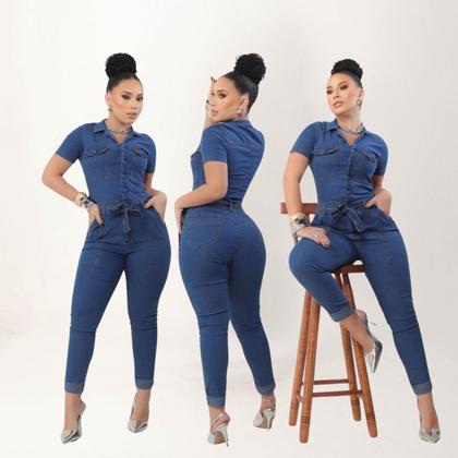 Imagem de Macacão feminino jeans lycra com cinto