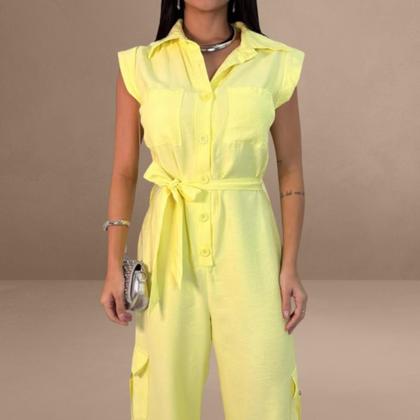 Imagem de Macacão Feminino Linho Sem Manga com Cinto Moda Verão