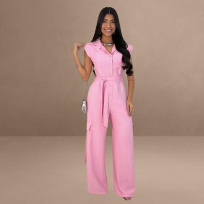 Imagem de Macacão Feminino Linho Sem Manga com Cinto Moda Verão