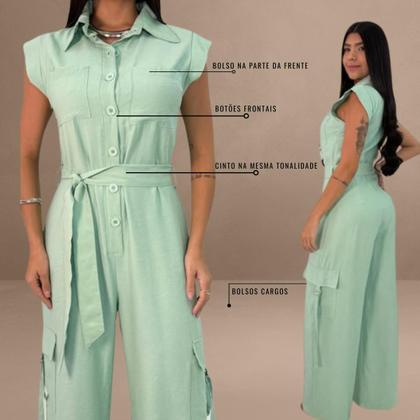 Imagem de Macacão Feminino Linho Sem Manga com Cinto Moda Verão