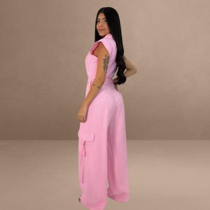 Imagem de Macacão Feminino Linho Sem Manga com Cinto Moda Verão