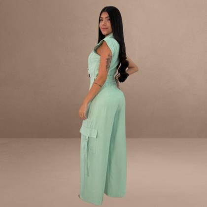 Imagem de Macacão Feminino Linho Sem Manga com Cinto Moda Verão