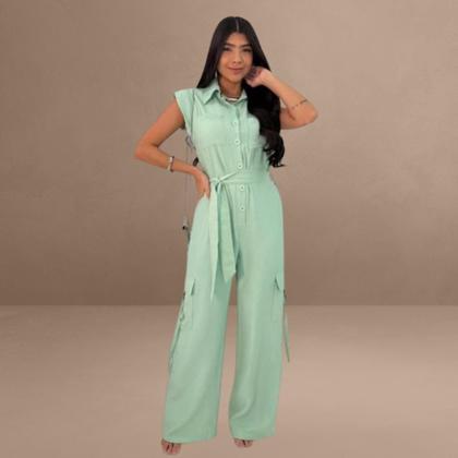 Imagem de Macacão Feminino Linho Sem Manga com Cinto Moda Verão