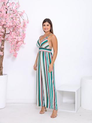 Imagem de Macacão Feminino Listrado de Alcinha, Cintura com Elástico, Detalhe nas Costas