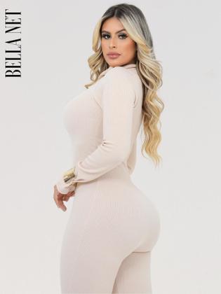 Imagem de Macacão feminino longo gola alta com zíper canelado premium macacão Virgínia luxo