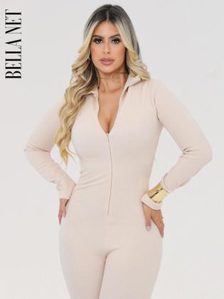 Imagem de Macacão feminino longo gola alta com zíper canelado premium macacão Virgínia luxo