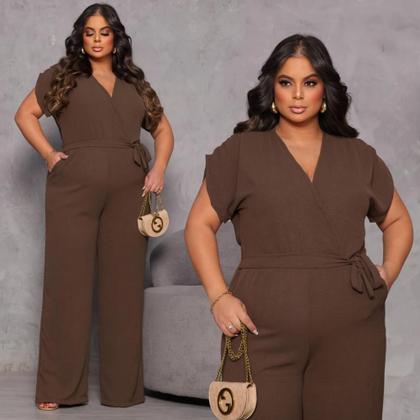 Imagem de Macacão Feminino Plus Size G1 Cor Moda Marrom Café Transpassado Manga Curta Pantalona Longo Social