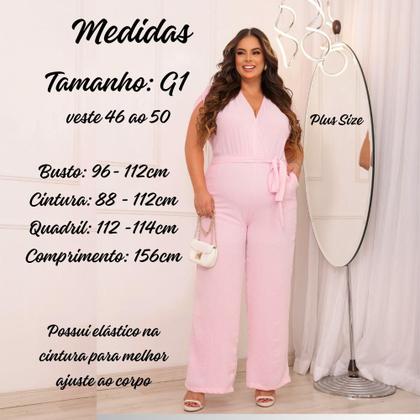 Imagem de Macacão Feminino Plus Size Pantalona Longo Rosa Claro Decote V Manga Curta Tamanho G1 46 ao 50 Moda
