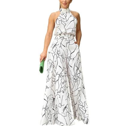 Imagem de Macacão Feminino Sem Mangas Halter - Estampado, Perna Larga e Elegante para o Verão