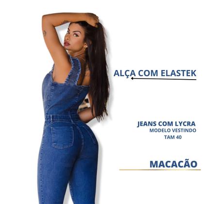 Imagem de Macacão jeans feminino com elastano e alça com elastec lavagem escura 