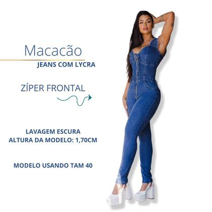 Imagem de Macacão jeans feminino com elastano e alça com elastec lavagem escura 