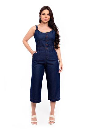 Imagem de Macacão Jeans Feminino Pantacourt de alça Com Botões