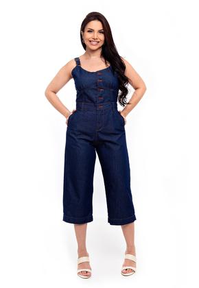 Imagem de Macacão Jeans Feminino Pantacourt de alça Com Botões