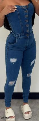 Imagem de Macacão Jeans Longo Sem Alça Com Rasgos Pimenta Doce Original