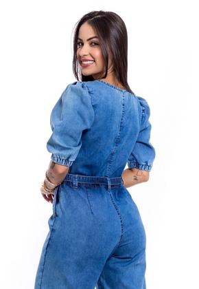 Imagem de Macacão Jeans Pantalona Manga Bufante Sem Elastano