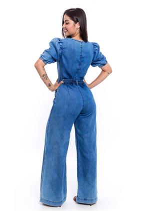 Imagem de Macacão Jeans Pantalona Manga Bufante Sem Elastano