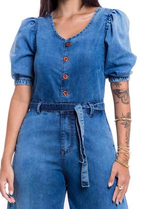 Imagem de Macacão Jeans Pantalona Manga Bufante Sem Elastano