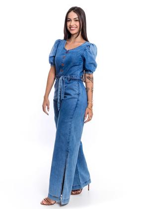 Imagem de Macacão Jeans Pantalona Manga Bufante Sem Elastano