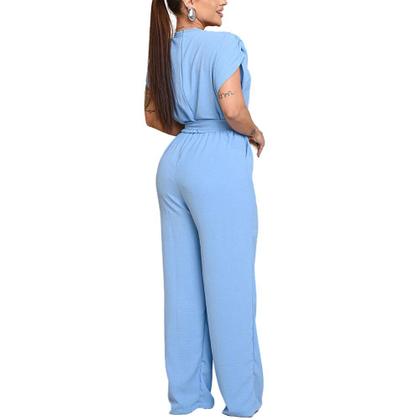 Imagem de Macacão Longo Azul com Decote Transpassado e Manga Curta