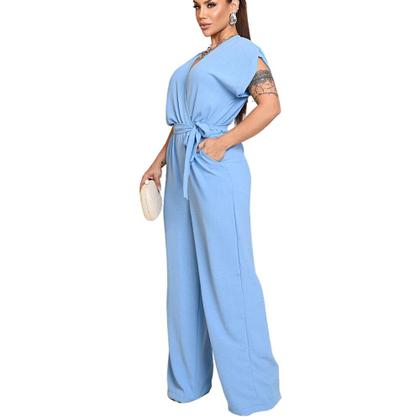 Imagem de Macacão Longo Azul com Decote Transpassado e Manga Curta