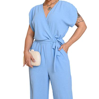 Imagem de Macacão Longo Azul com Decote Transpassado e Manga Curta