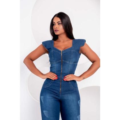 Imagem de Macacão  longo feminino jeans com lycra  tipo skinny  em lavagem escura