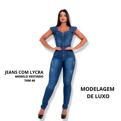 Imagem de Macacão  longo feminino jeans com lycra  tipo skinny  em lavagem escura