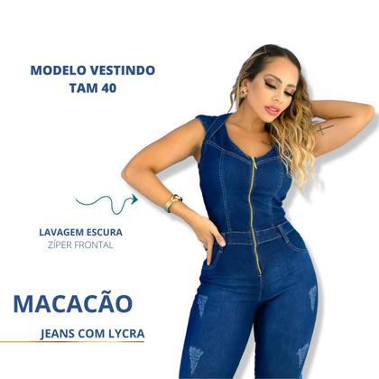 Imagem de Macacão longo feminino jeans lycra tipo skiny lav escura