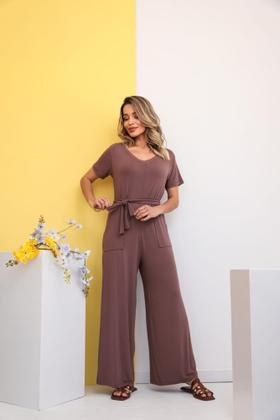 Imagem de Macacão Longo Feminino Pantalona Viscolycra Folgadinho com Cinto