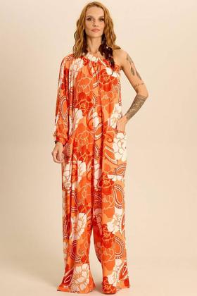 Imagem de Macacão Longo Pantalona Um Ombro Só Laranja Estampa Paisley Yacamim P2