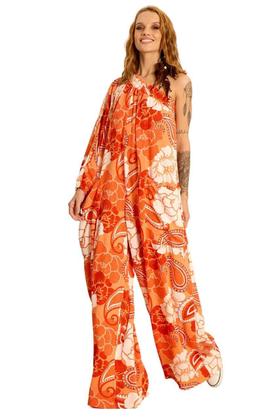 Imagem de Macacão Longo Pantalona Um Ombro Só Laranja Estampa Paisley Yacamim P2