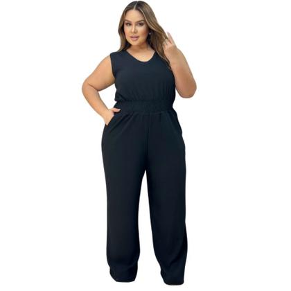 Imagem de Macacão Longo Plus Size Feminino Com Lastec na Cintura Bolso 0360