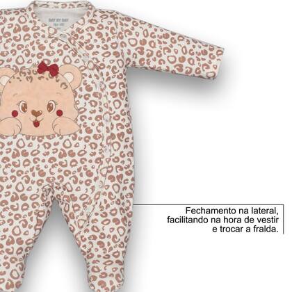 Imagem de Macacão Molecotton Bebê Menina Estampado Onça Marfim Upi Uli