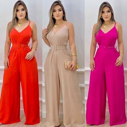 Imagem de Macacão Pantalona Feminino Sofisticado Elegante Com Cinto
