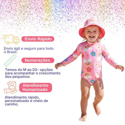 Imagem de Macacão Proteção Solar Maiô Infantil Bebê Menina Com Chapéu