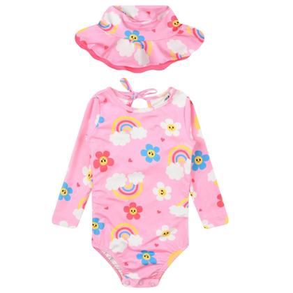 Imagem de Macacão Proteção Solar Maiô Infantil Bebê Menina Com Chapéu