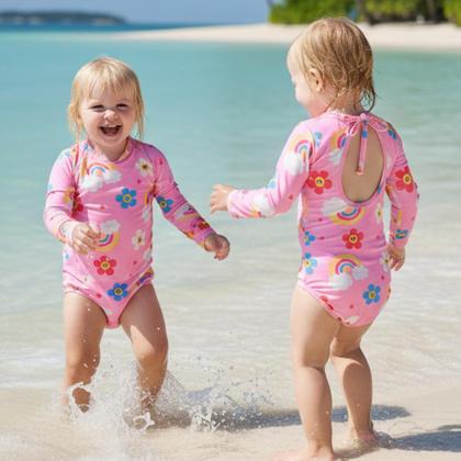 Imagem de Macacão Proteção Solar Maiô Infantil Bebê Menina Com Chapéu