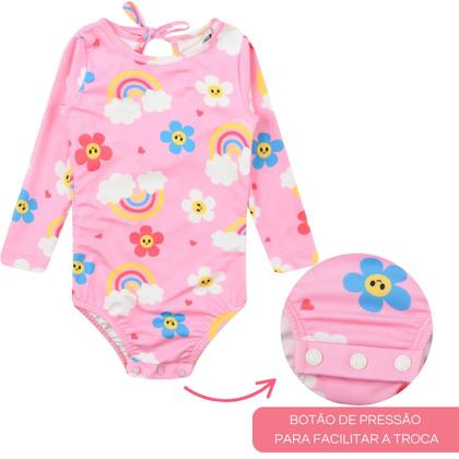 Imagem de Macacão Proteção Solar Maiô Infantil Bebê Menina Com Chapéu