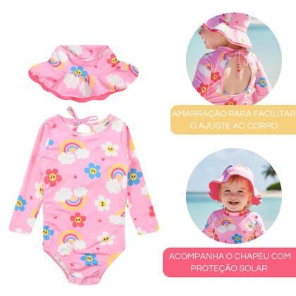 Imagem de Macacão Proteção Solar Maiô Infantil Bebê Menina Com Chapéu