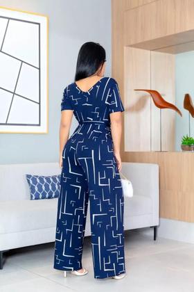 Imagem de Macacao Saruel Com Manga Curta Com Cintinho Longo Max Feminino Bolsos Viscolycra Soltinho Geométrico Roupas Femininas 38 a 48