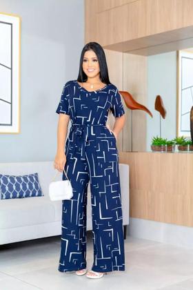 Imagem de Macacao Saruel Com Manga Curta Com Cintinho Longo Max Feminino Bolsos Viscolycra Soltinho Geométrico Roupas Femininas 38 a 48