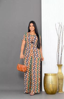 Imagem de Macacao Saruel Com Manga Curta Com Cintinho Longo Max Feminino Bolsos Viscolycra Soltinho Geométrico Roupas Femininas 38 a 48