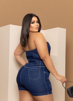 Imagem de Macacão Shorts Plus Size Jeans Macaquinho Feminino Botões 